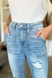 Judy Blue Full Size Distressed Straight Jeans with Patch Pockets - Trendsi