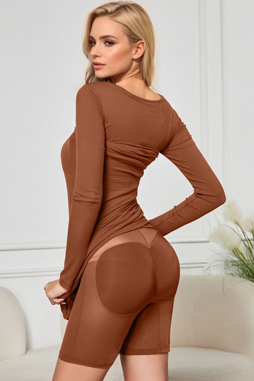 Basic Bae Built-In Shapewear Square Neck Long Sleeve Maxi Dress - Trendsi