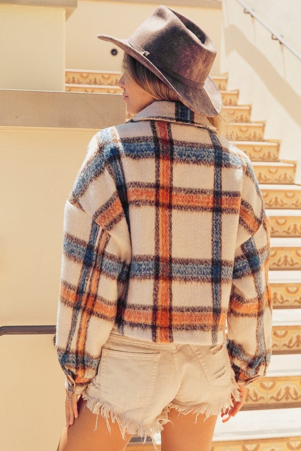 BiBi Brushed Plaid Crop Jacket with Pockets - Trendsi