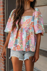 Printed Square Neck Half Sleeve Blouse Trendsi