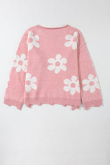 Pearl Trim Flower Round Neck Sweater - Trendsi