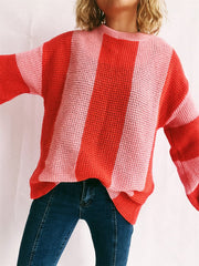 Color Block Round Neck Long Sleeve Sweater - Trendsi