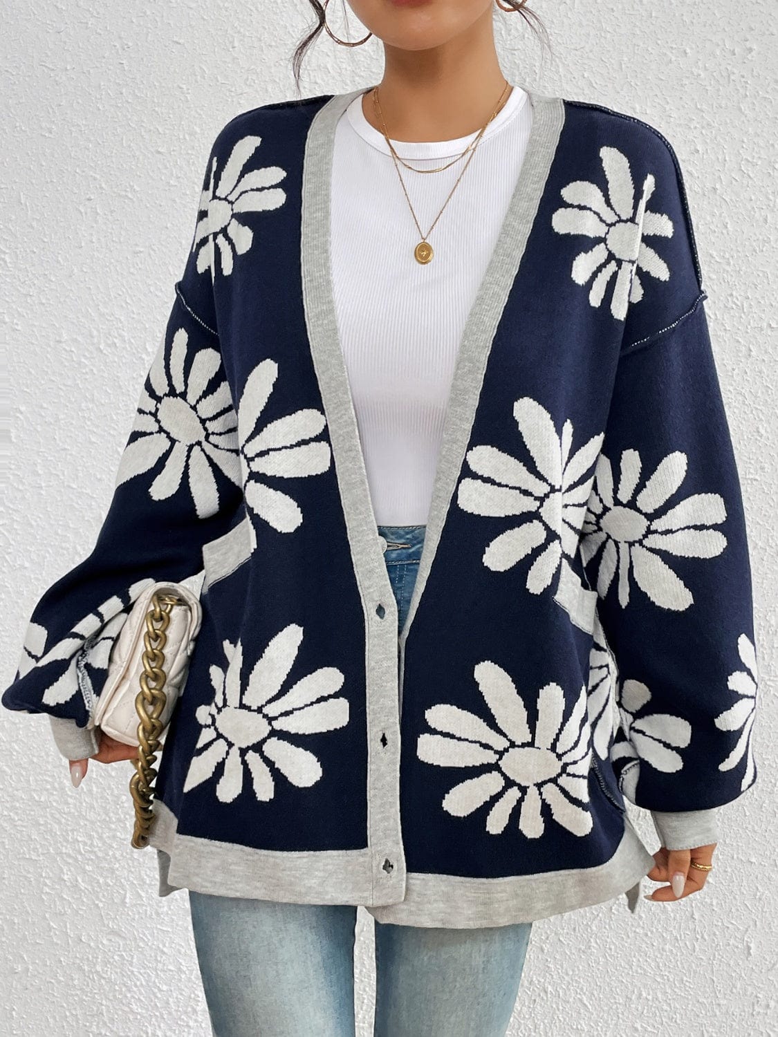 Contrast Dropped Shoulder Long Sleeve Cardigan - Trendsi