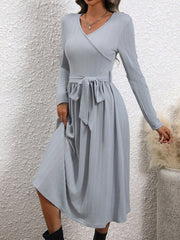 Surplice Tie Waist Long Sleeve Midi Dress