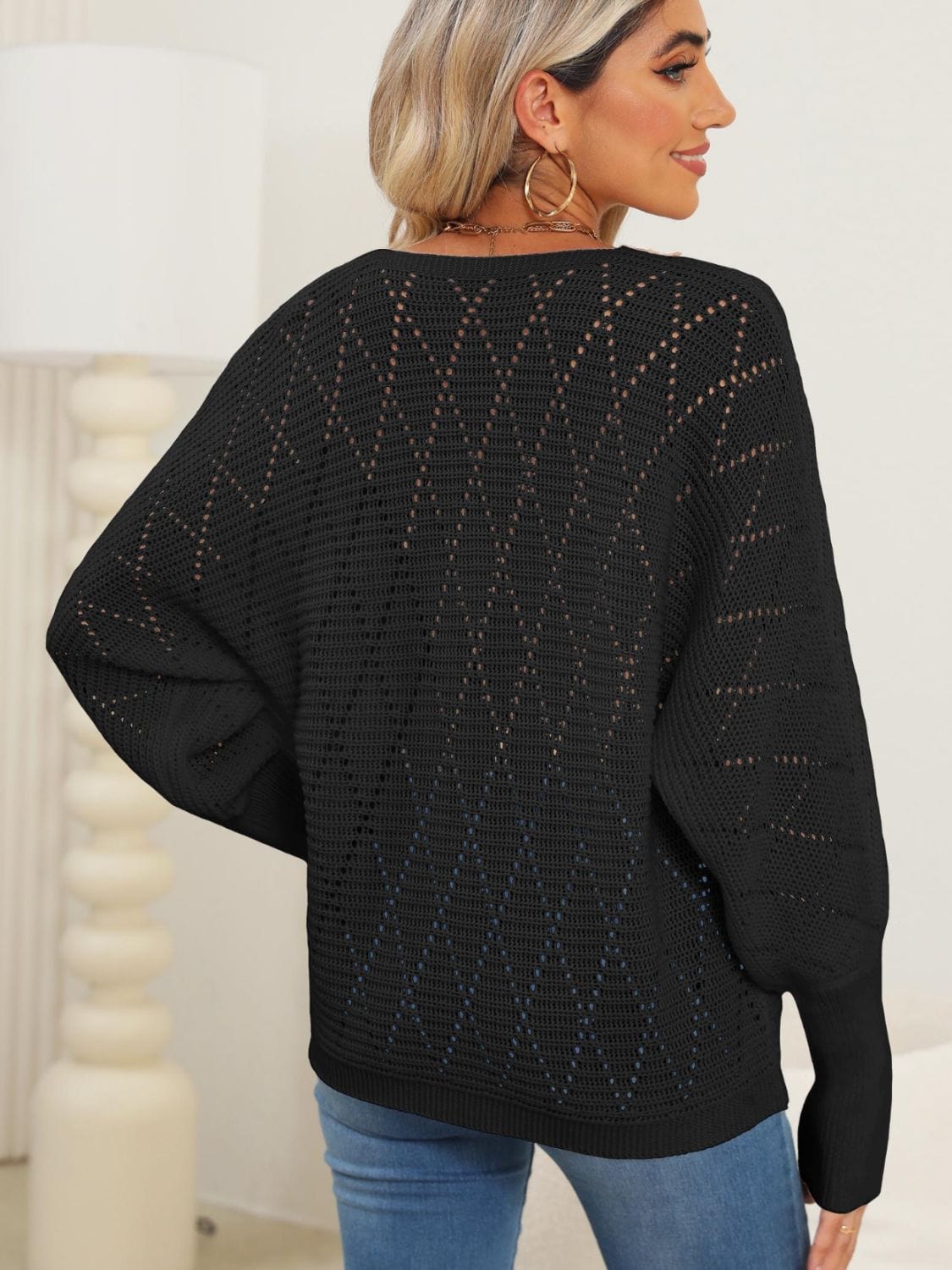 Lace Detail V-Neck Long Sleeve Sweater - Trendsi