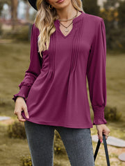 Ruched Notched Long Sleeve T-Shirt - Trendsi