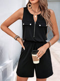 Perfee Drawstring Half Zip Sleeveless Romper - Trendsi