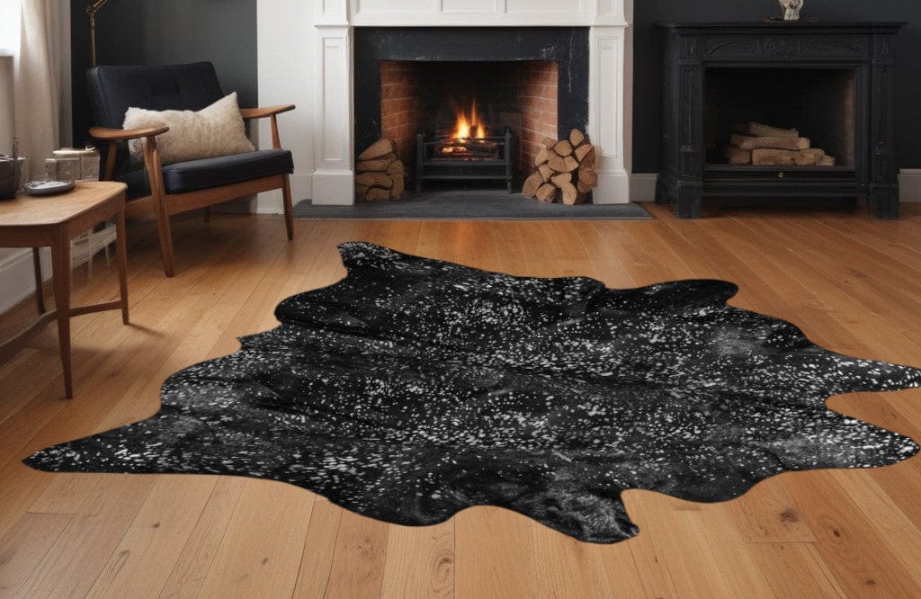 Black And Silver Cowhide Animal Print Area Rug