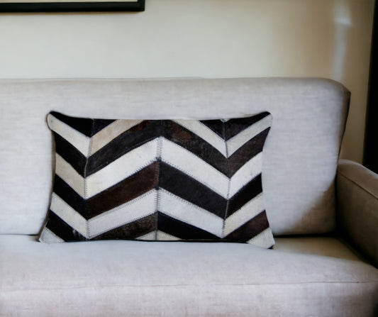 12" X 20" Chocolate Brown and Off White Chevron Cowhide Throw Pillow