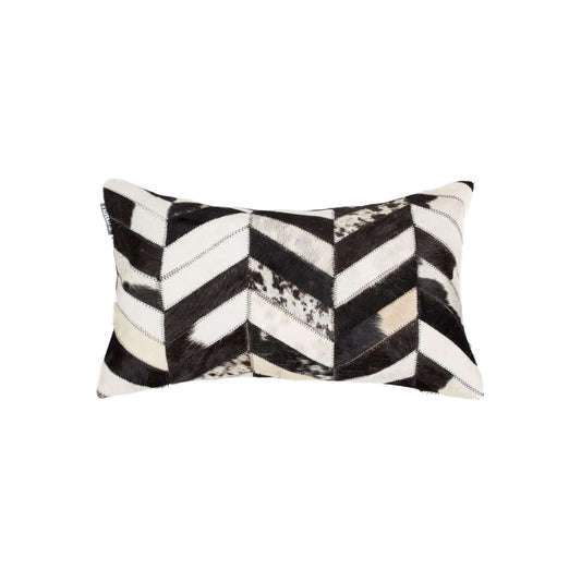 12" X 20" Black and Off White Chevron Cowhide Throw Pillow