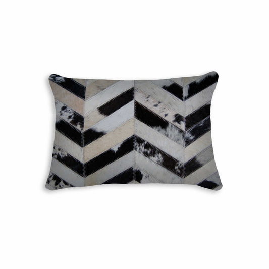 12" X 20" Black Brown and Off White Chevron Cowhide Throw Pillow