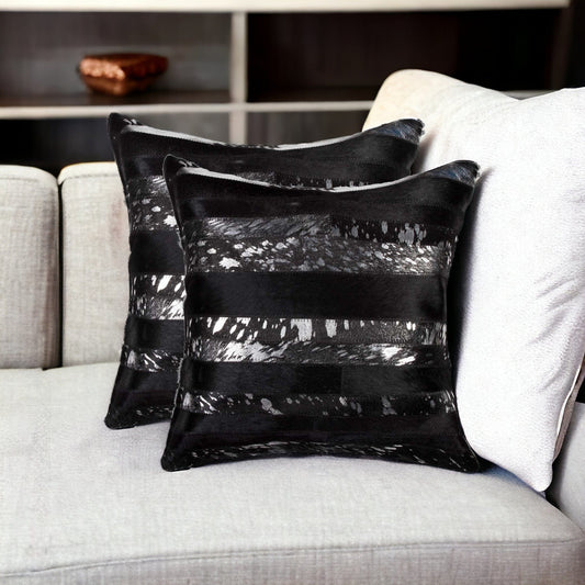 Set of Two 18" Gold and Black Cowhide Throw Pillow