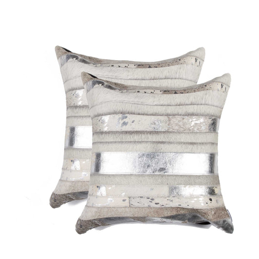 Set of Two Silver and Gray Cowhide Throw Pillow