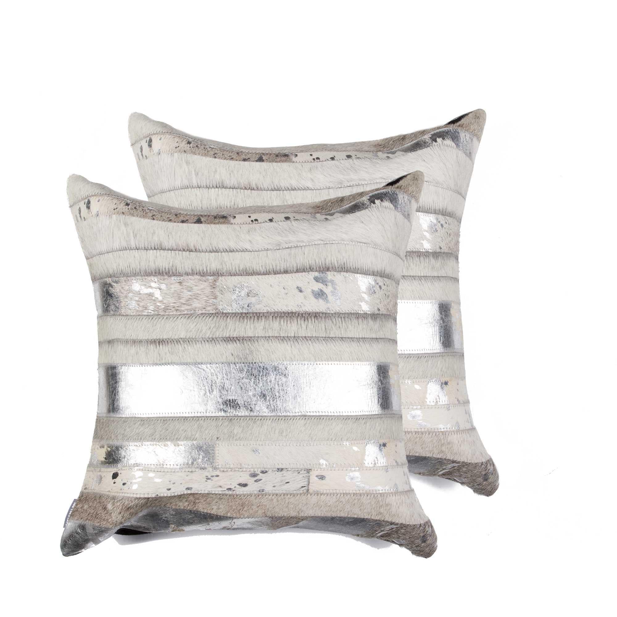 Set of Two Silver and Gray Cowhide Throw Pillow