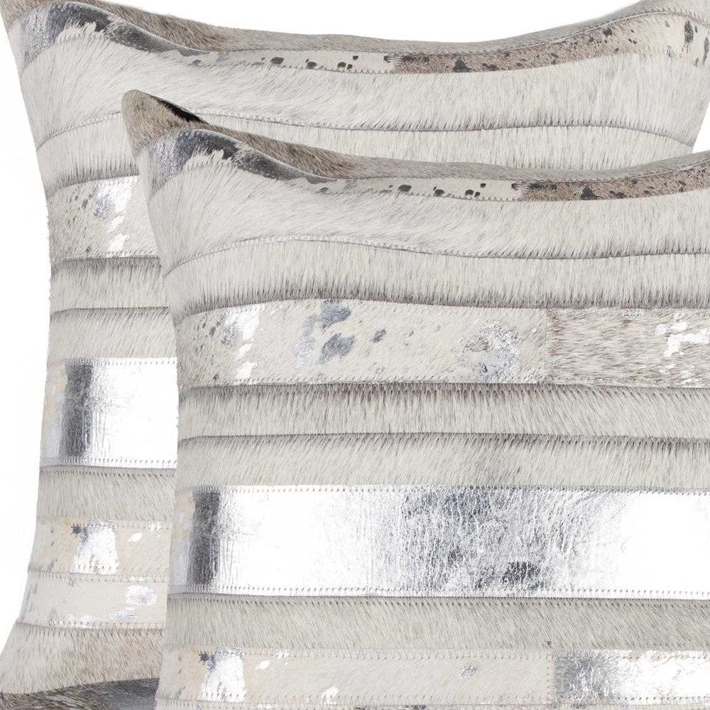 Set of Two Silver and Gray Cowhide Throw Pillow