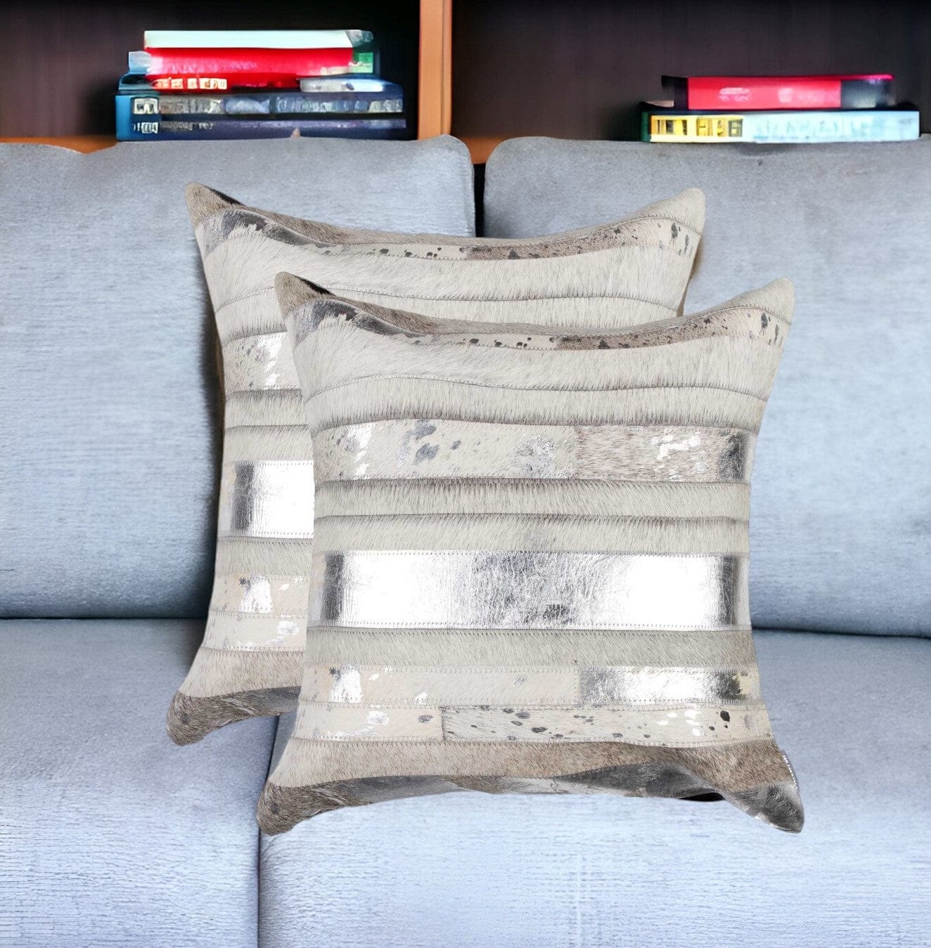 Set of Two Silver and Gray Cowhide Throw Pillow