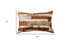 12" X 20" Brown and White Cowhide Throw Pillow