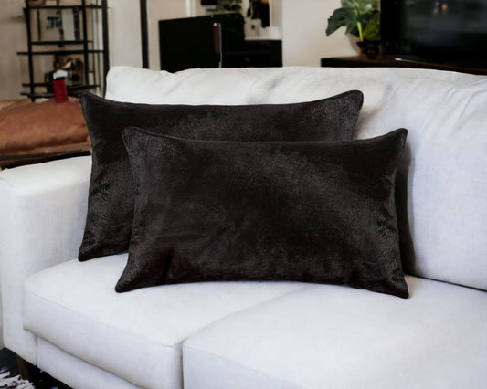 Set of Two 12" X 20" Black Cowhide Throw Pillow