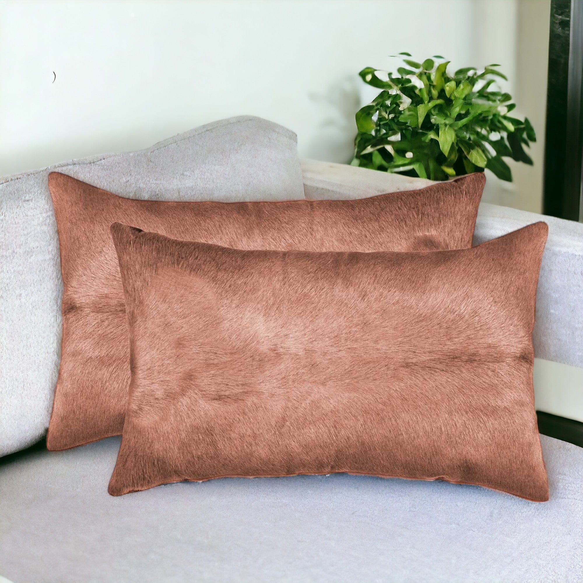 Set of Two 12" X 20" Brown Cowhide Throw Pillow