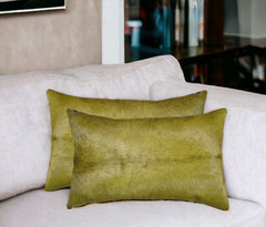 Set of Two 12" X 20" Lime Green Cowhide Throw Pillow