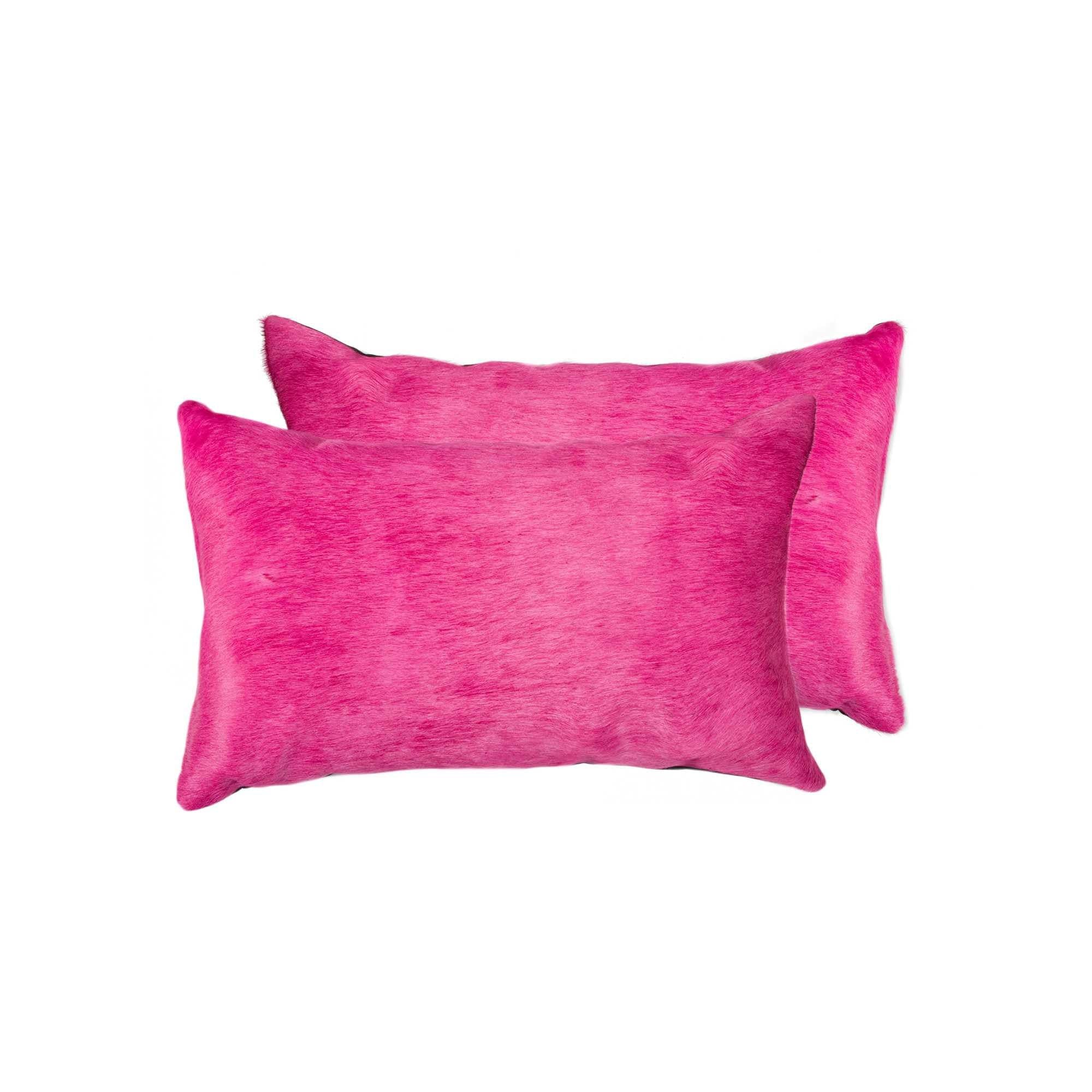 Set of Two 12" X 20" Fuchsia Cowhide Lumbar Throw Pillows