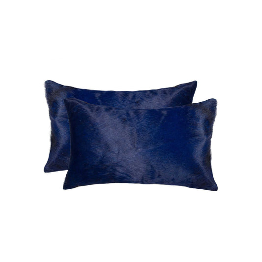 Set of Two 12" X 20" Navy Blue Cowhide Lumbar Throw Pillows