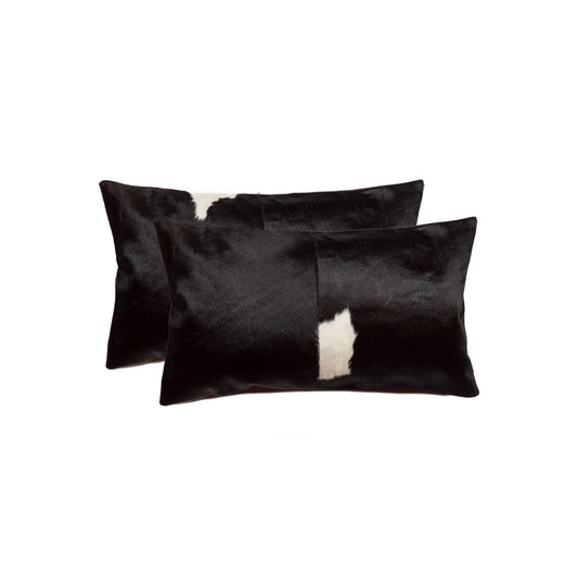 Set of Two 12" X 20" Black and White Cowhide Throw Pillows