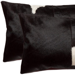 Set of Two 12" X 20" Black and White Cowhide Throw Pillows