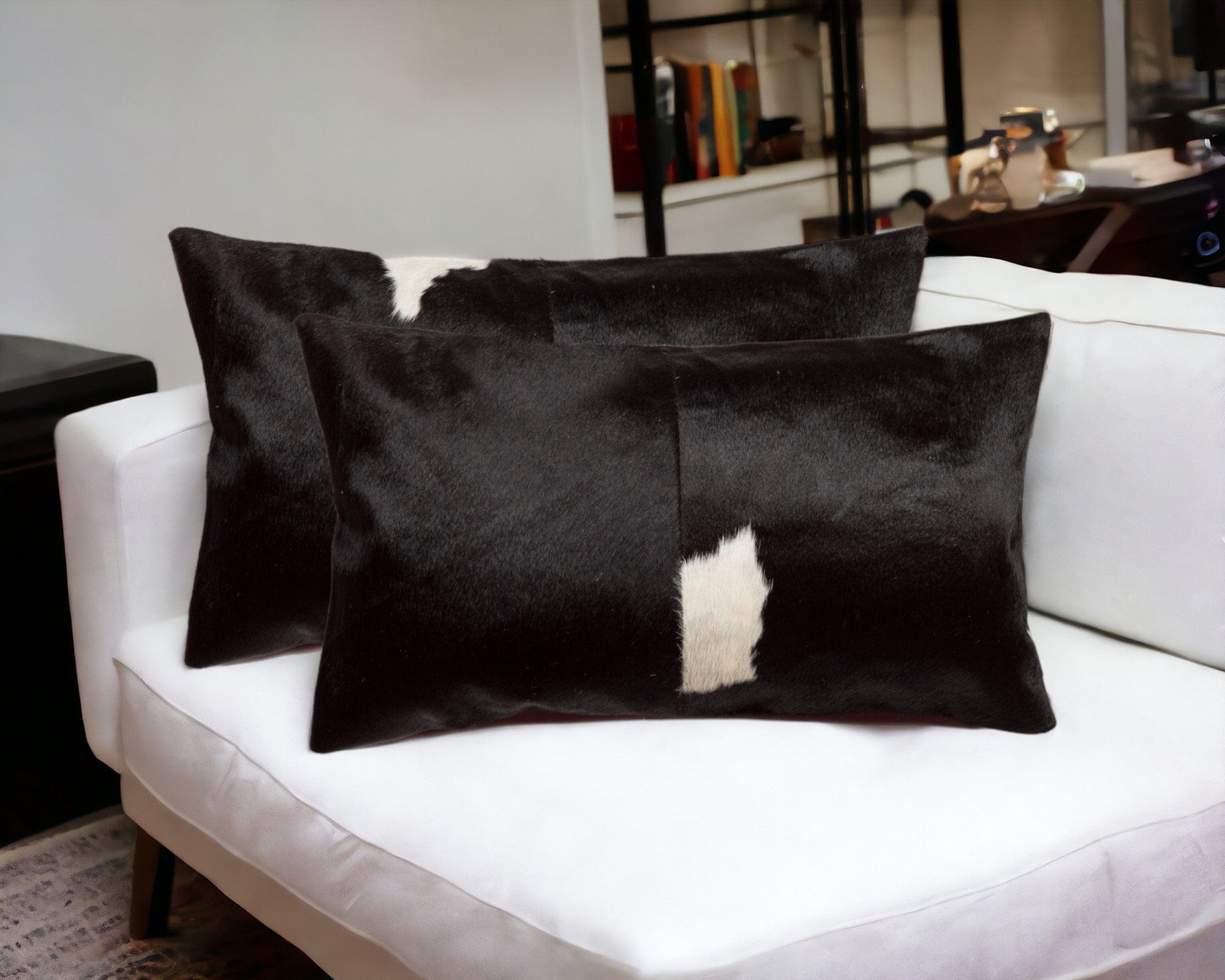 Set of Two 12" X 20" Black and White Cowhide Throw Pillows