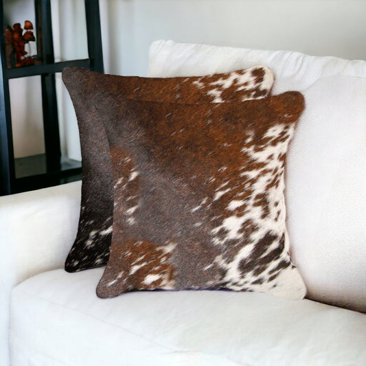 Set of Two 18" Brown and White Cowhide Throw Pillow