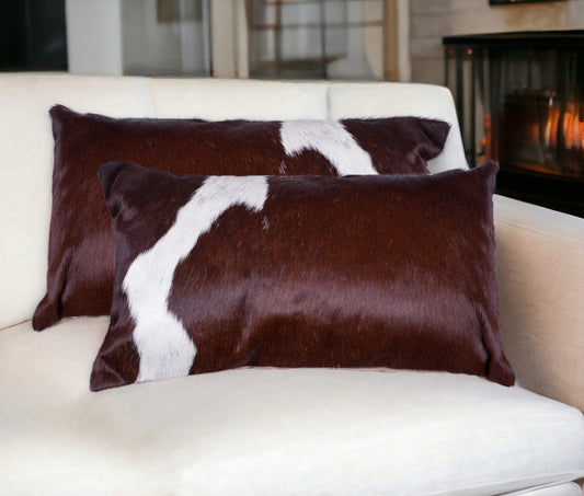 Set of Two 12" X 20" Brown and White Cowhide Throw Pillow