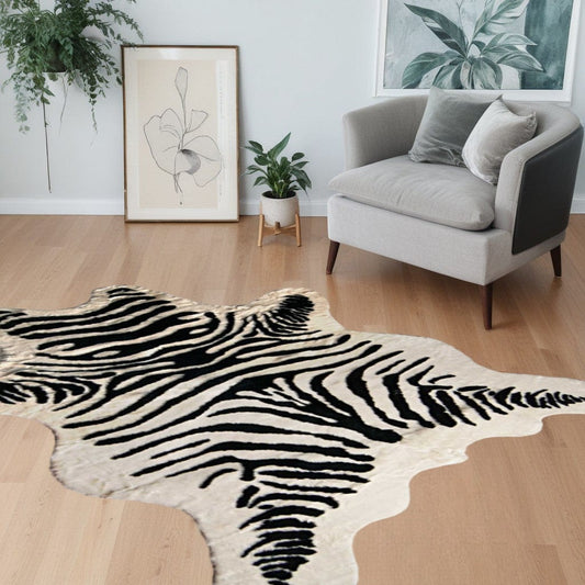 5' X 7' Black and White Faux Cowhide Zebra Print Area Rug - Homeroots