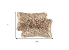 Set of Two 12" X 20" Tan Faux Fur Throw Pillows