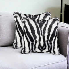 Set of Two 18" Black and White Faux Fur Throw Pillow