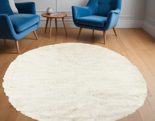 72" Off White Circular Faux Fur Area Rug