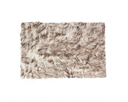 2' X 3' Brown and White Faux Sheepskin Ombre Machine Tufted Non Skid Area Rug