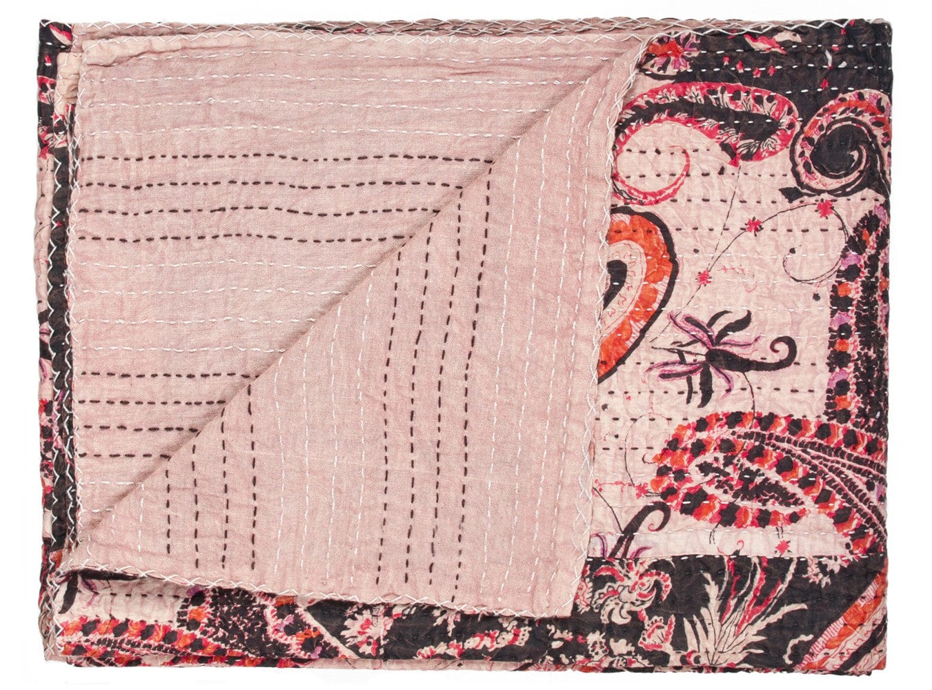 50" X 70" Pink and Black Kantha Cotton Abstract Throw Blanket with Embroidery - Homeroots