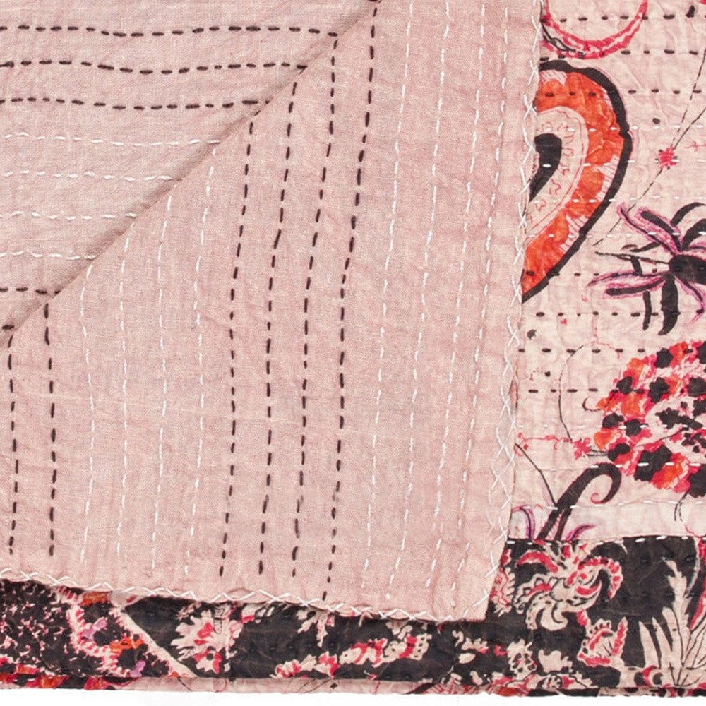 50" X 70" Pink and Black Kantha Cotton Abstract Throw Blanket with Embroidery - Homeroots