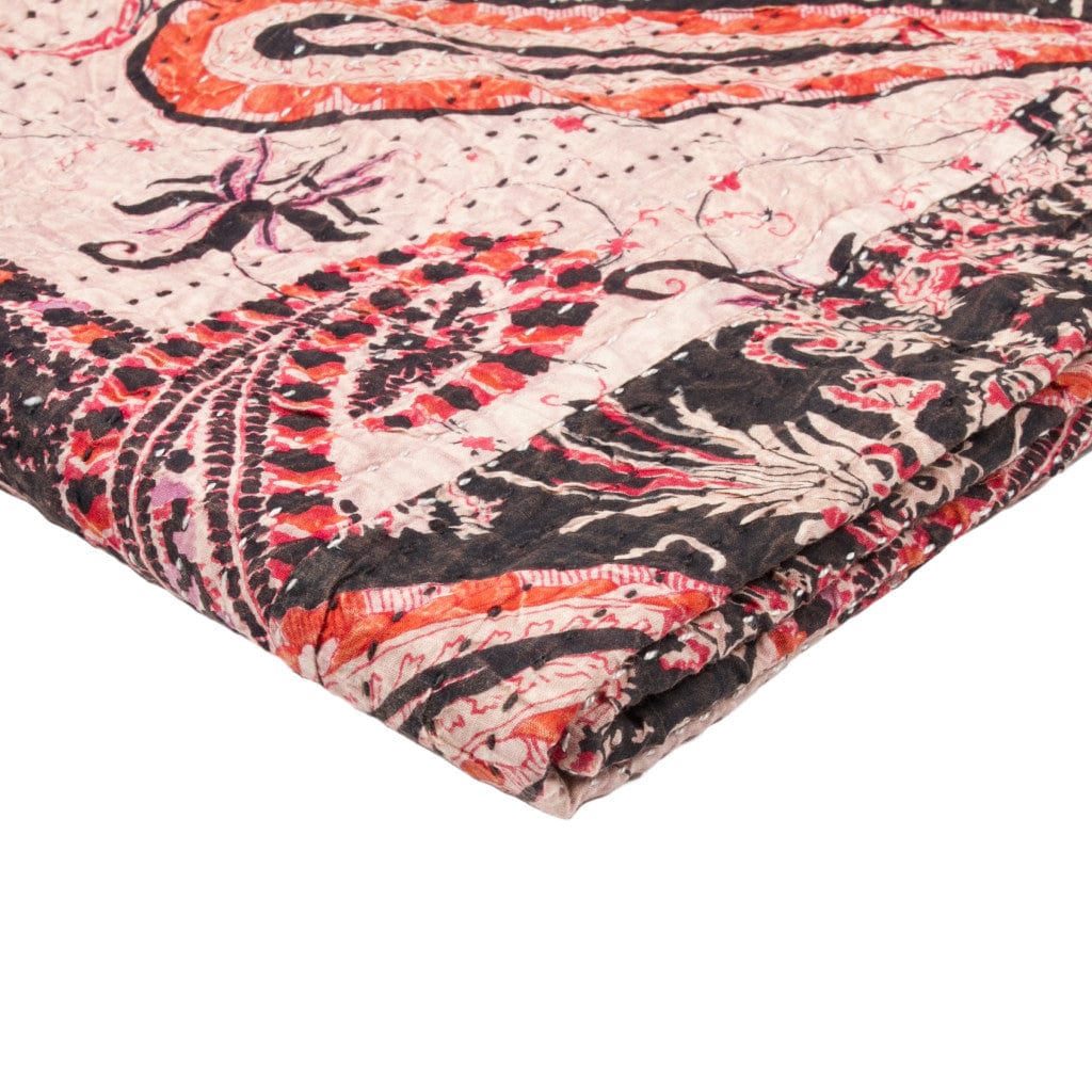 50" X 70" Pink and Black Kantha Cotton Abstract Throw Blanket with Embroidery - Homeroots