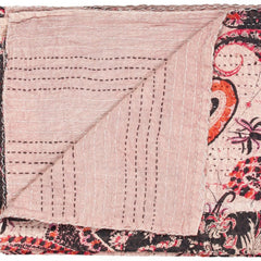 50" X 70" Pink and Black Kantha Cotton Abstract Throw Blanket with Embroidery - Homeroots