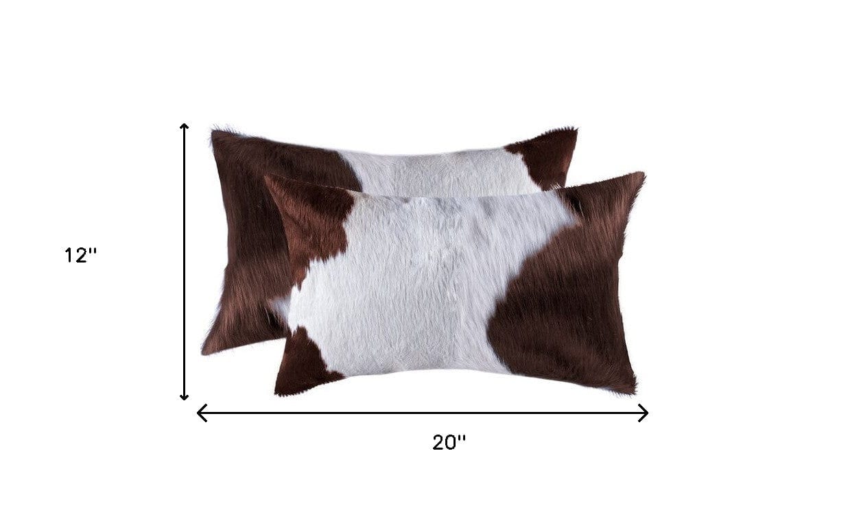 Set of Two 12" X 20" Brown and White Cowhide Throw Pillow