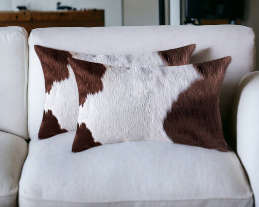 Set of Two 12" X 20" Brown and White Cowhide Throw Pillow