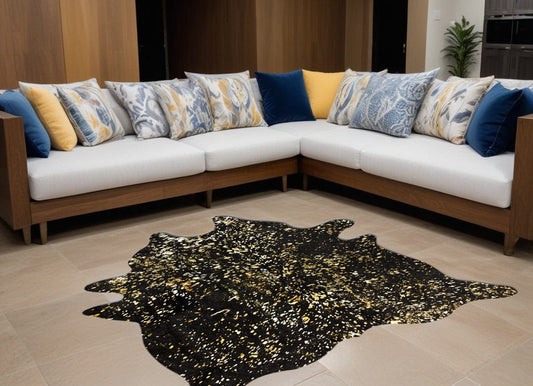 60" X 84" Black And Gold Cowhide - Area Rug - Homeroots