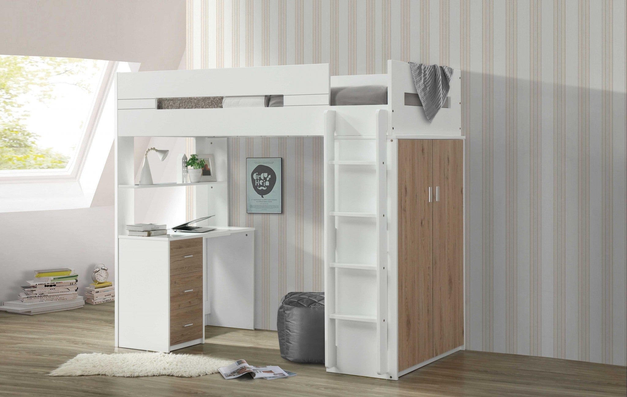 White And Natural Twin Loft Bed And Desk