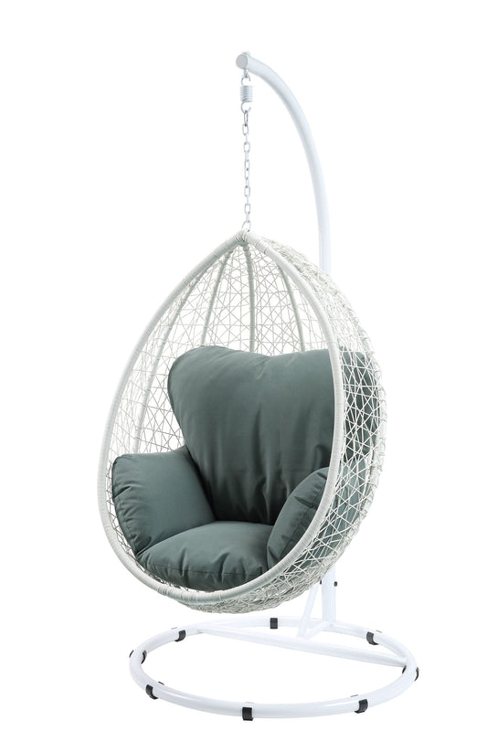 38" White Metal Swing Chair With Green Cushion