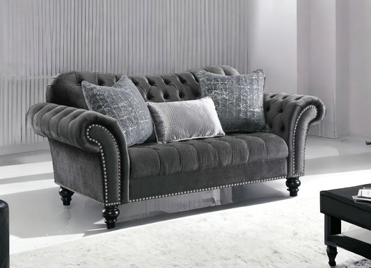 79" Gray And Black Velvet Loveseat and Toss Pillows