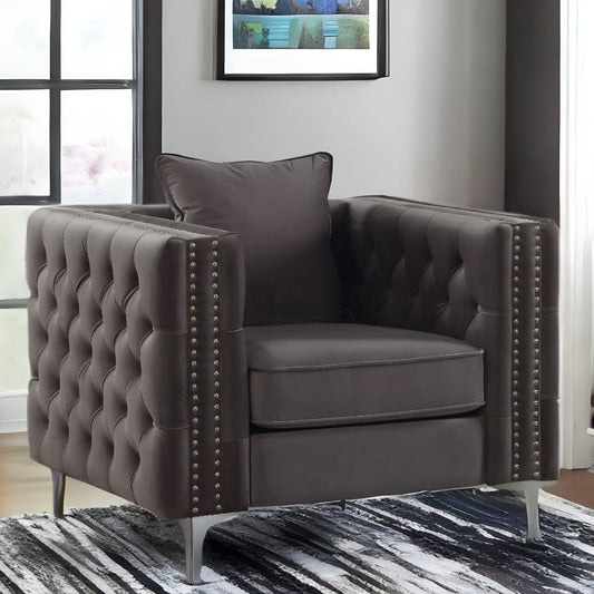 40" Dark Slate Gray And Silver Velvet Tufted Club Chair And Toss Pillow