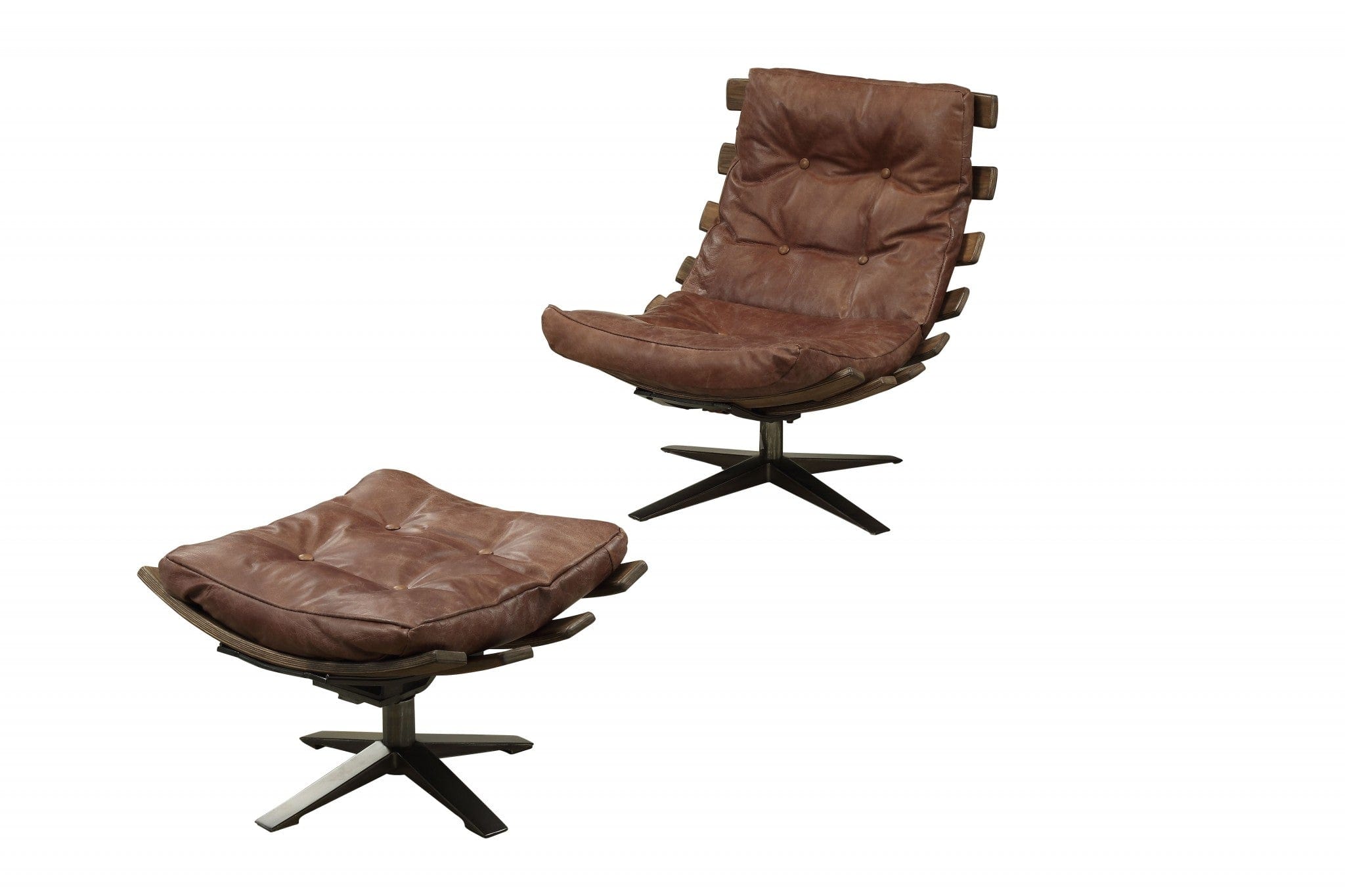 27" Brown And Black Top Grain Leather Tufted Swivel Lounge Chair With Ottoman - Homeroots