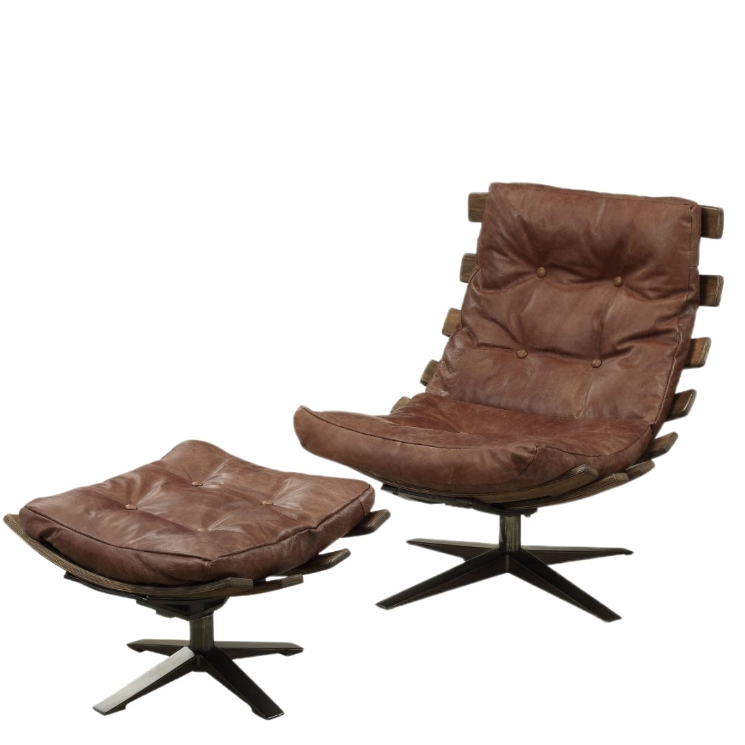 27" Brown And Black Top Grain Leather Tufted Swivel Lounge Chair With Ottoman