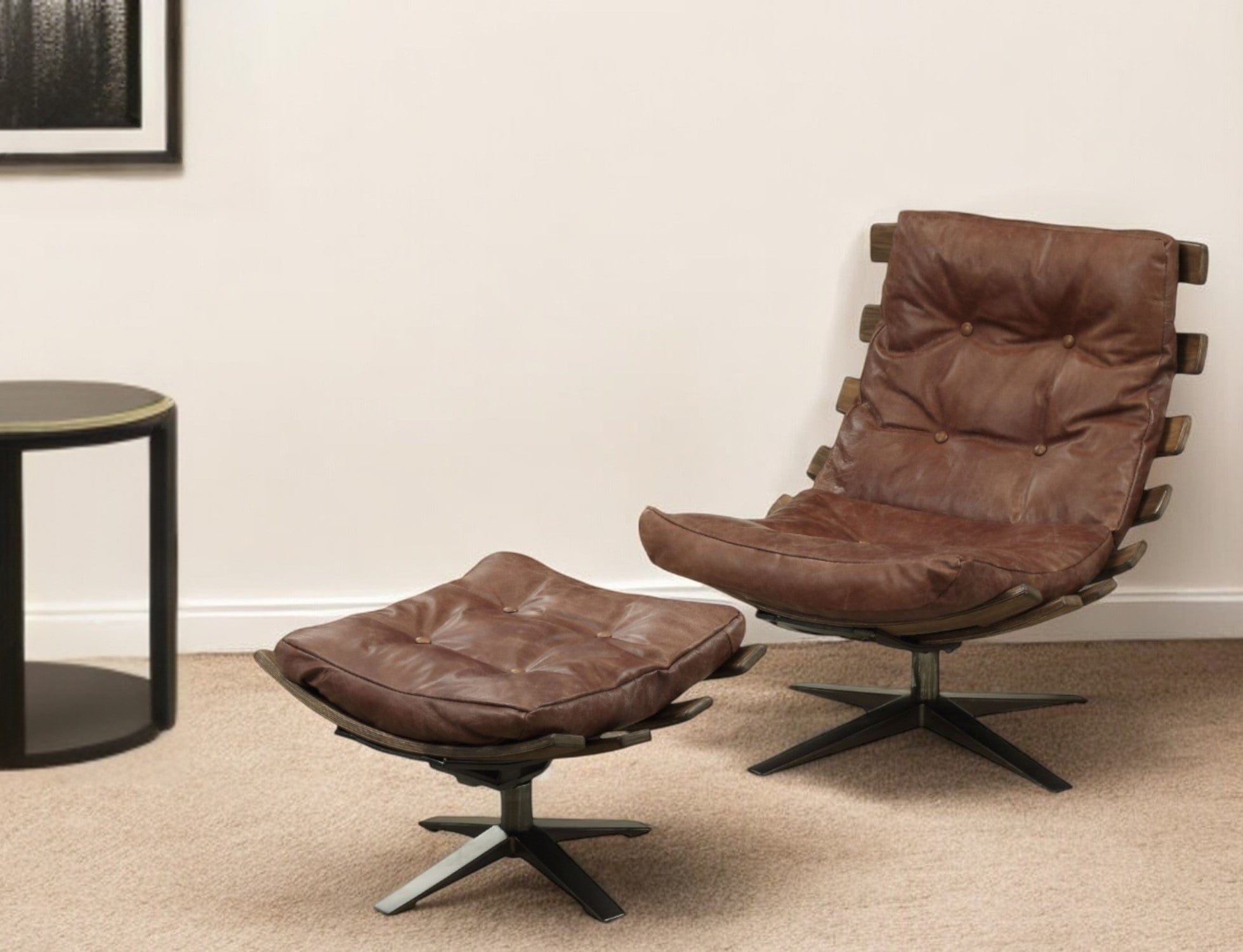 27" Brown And Black Top Grain Leather Tufted Swivel Lounge Chair With Ottoman - Homeroots